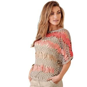 Venus Bohemian Macrame Open Knit Crochet Floral Top Blouse Size XL